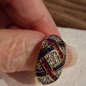 Pretty gold plated ring with faux sapphires, rubies and diamonds